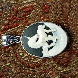 New Unique Handcarved Unicorn Cameo 925 Silver Statement Pendant. 